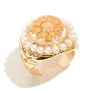 Flower Resin Pearl Cuff Ring Size 7